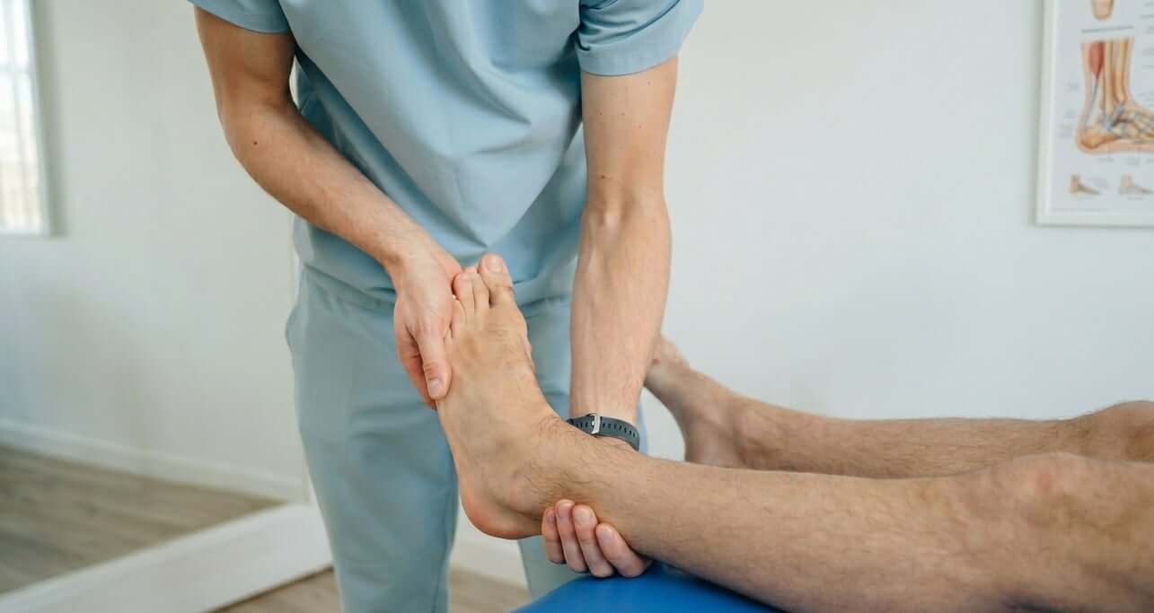 Paramedisch behandelaar onderzoekt voet en enkel van cliënt op behandeltafel - voetonderzoek in podotherapeutische praktijk